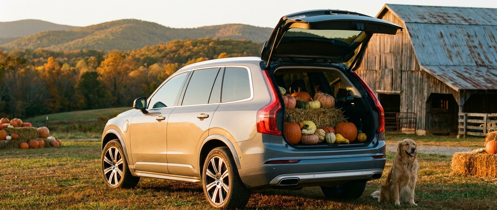 2026 Volvo XC90 with open liftgate loaded with pumpkins at a Greenville area farm in fall