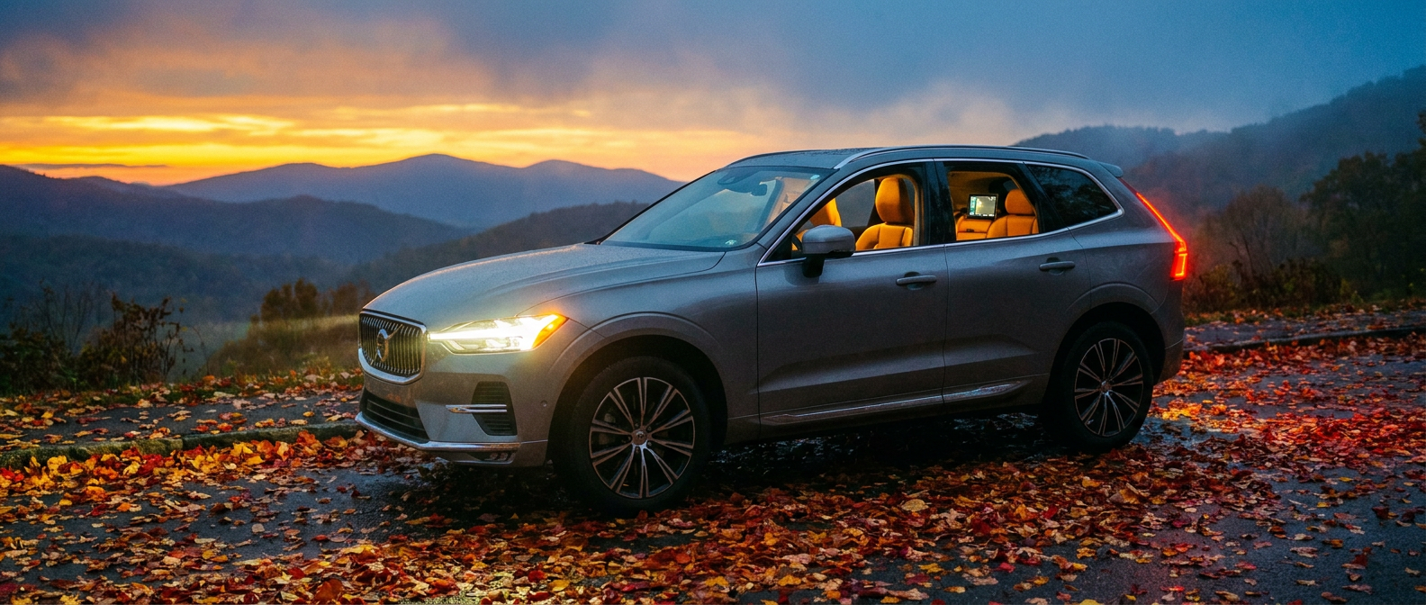 2026 Volvo XC60 with headlights on at dusk along a fall road in Greenville SC
