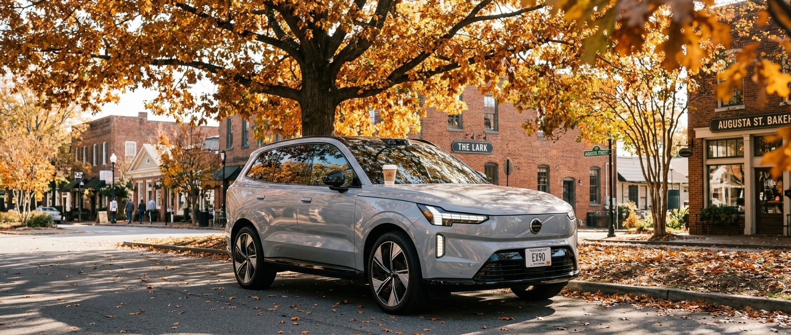 2026 Volvo EX90 parked on Augusta Street in Greenville SC on a fall morning
