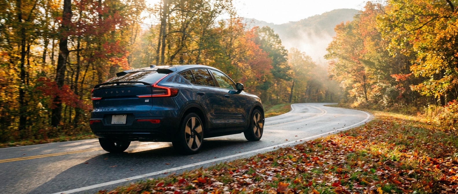 2026 Volvo C40 Recharge on a fall foliage road in the Upstate South Carolina Blue Ridge foothills