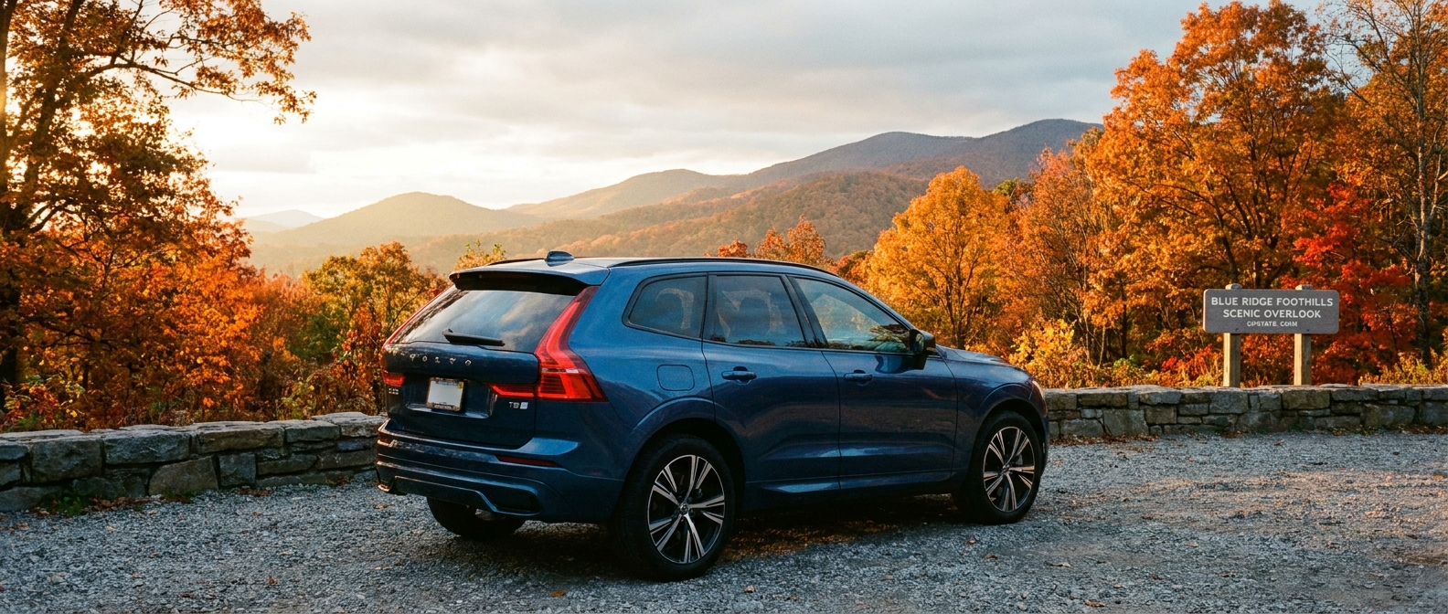 2027 Volvo XC60 plug-in hybrid on a Blue Ridge foothills overlook in Upstate South Carolina autumn foliage