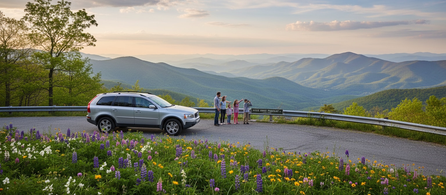 Volvo XC90 at Blue Ridge Parkway overlook for spring road trip from Greenville SC