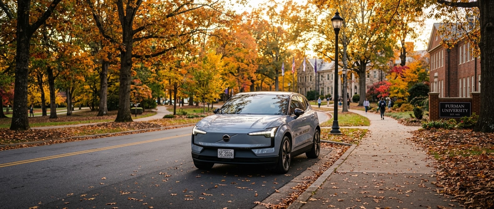 2026 Volvo EX30 parked on a Greenville SC campus in fall