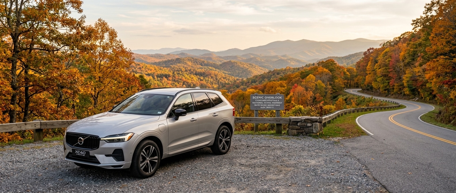 2026 Volvo XC60 plug-in hybrid at SC-11 Cherokee Foothills Scenic Highway overlook, autumn foliage, Upstate South Carolina