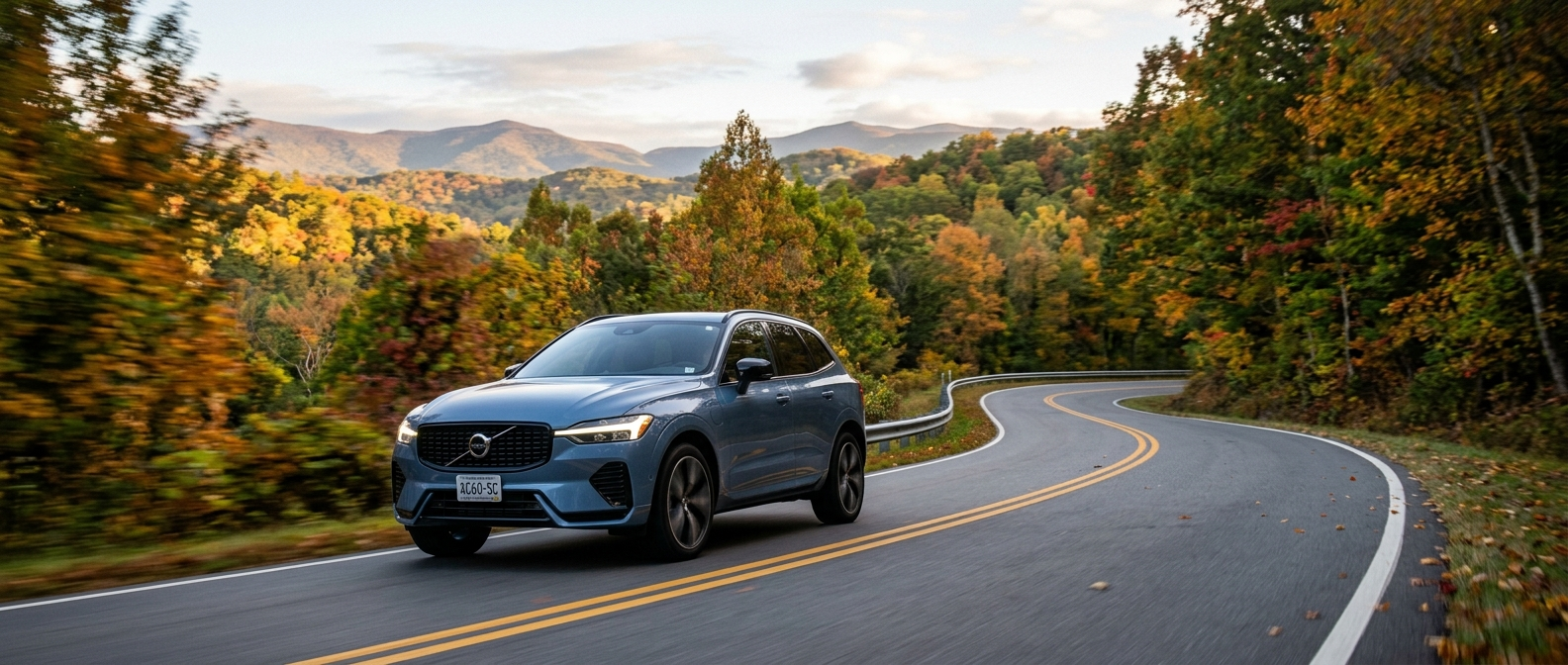 2026 Volvo XC60 on a Upstate South Carolina mountain road near Caesars Head State Park in early fall