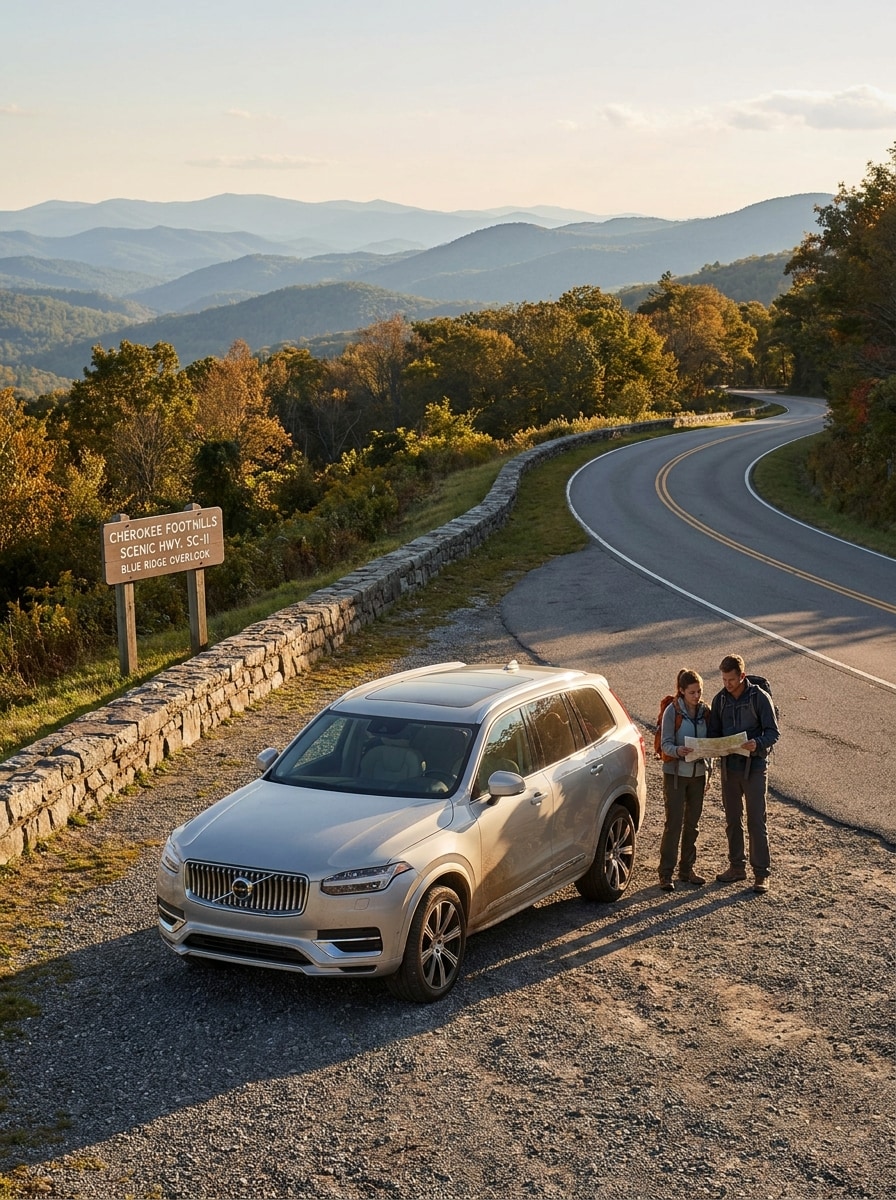2020 Volvo XC90 parked at a Blue Ridge overlook on SC-11 Cherokee Foothills Scenic Highway near Greenville SC