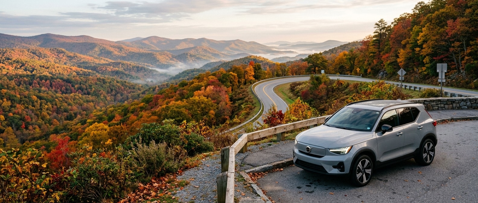 2026 Volvo EX40 at a Blue Ridge foothills overlook in Upstate South Carolina during fall foliage season