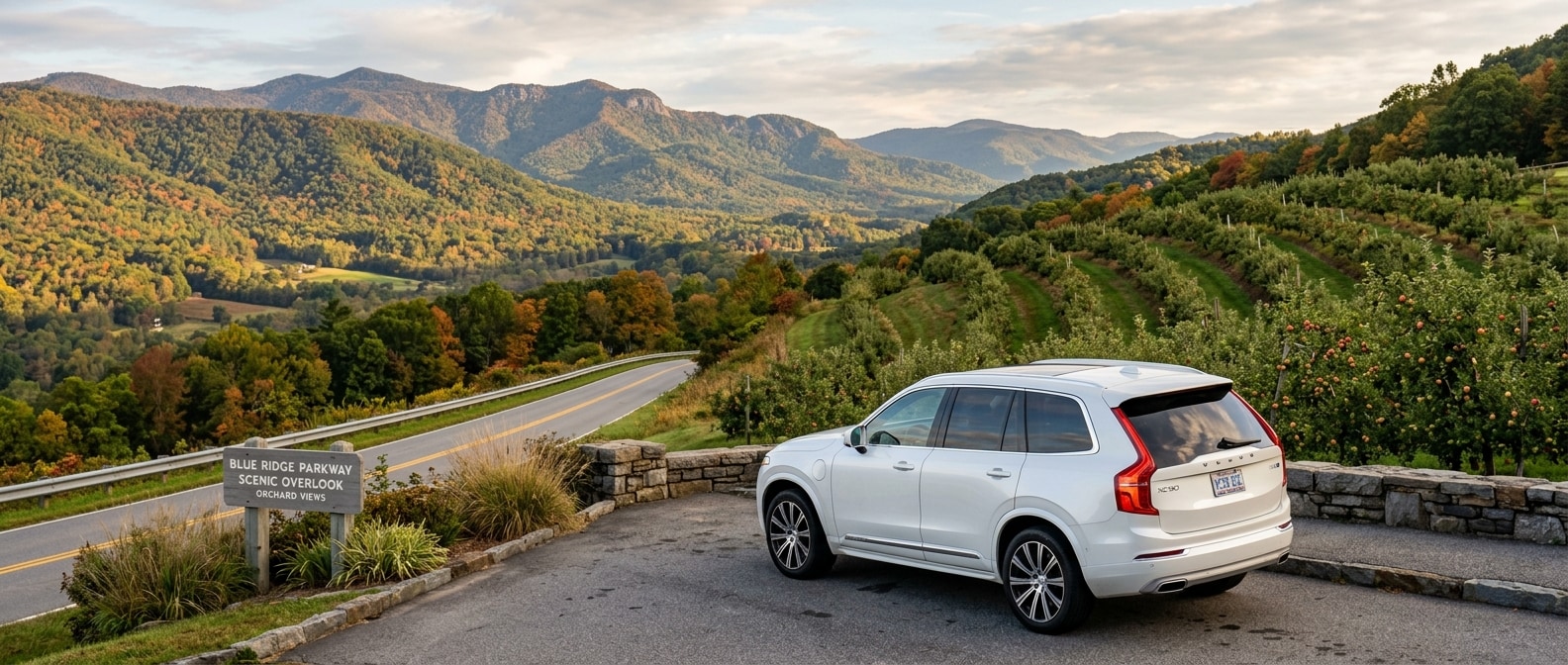 2026 Volvo XC90 on US-25 Blue Ridge mountain road near Flat Rock NC apple orchard country, fall 2026