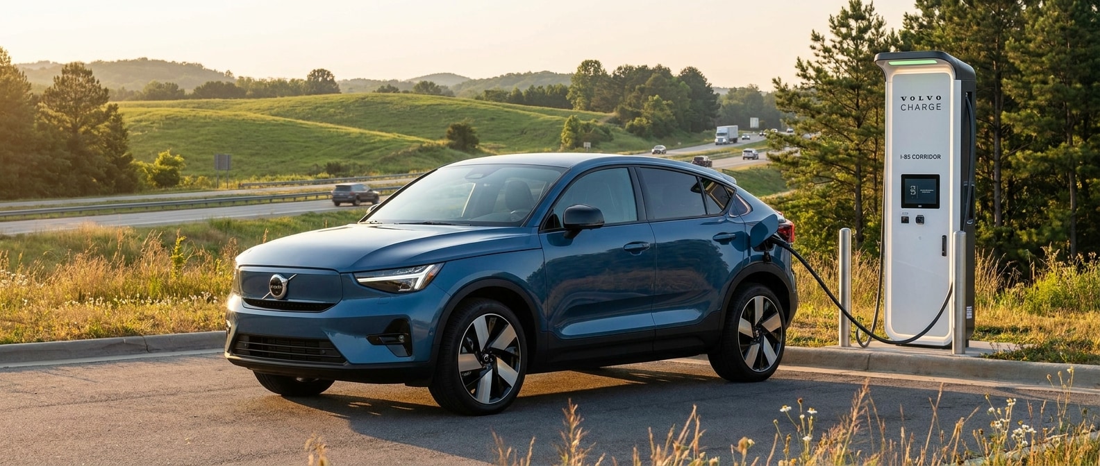2026 Volvo EC40 charging at a DC fast-charging station along I-85 in Upstate South Carolina