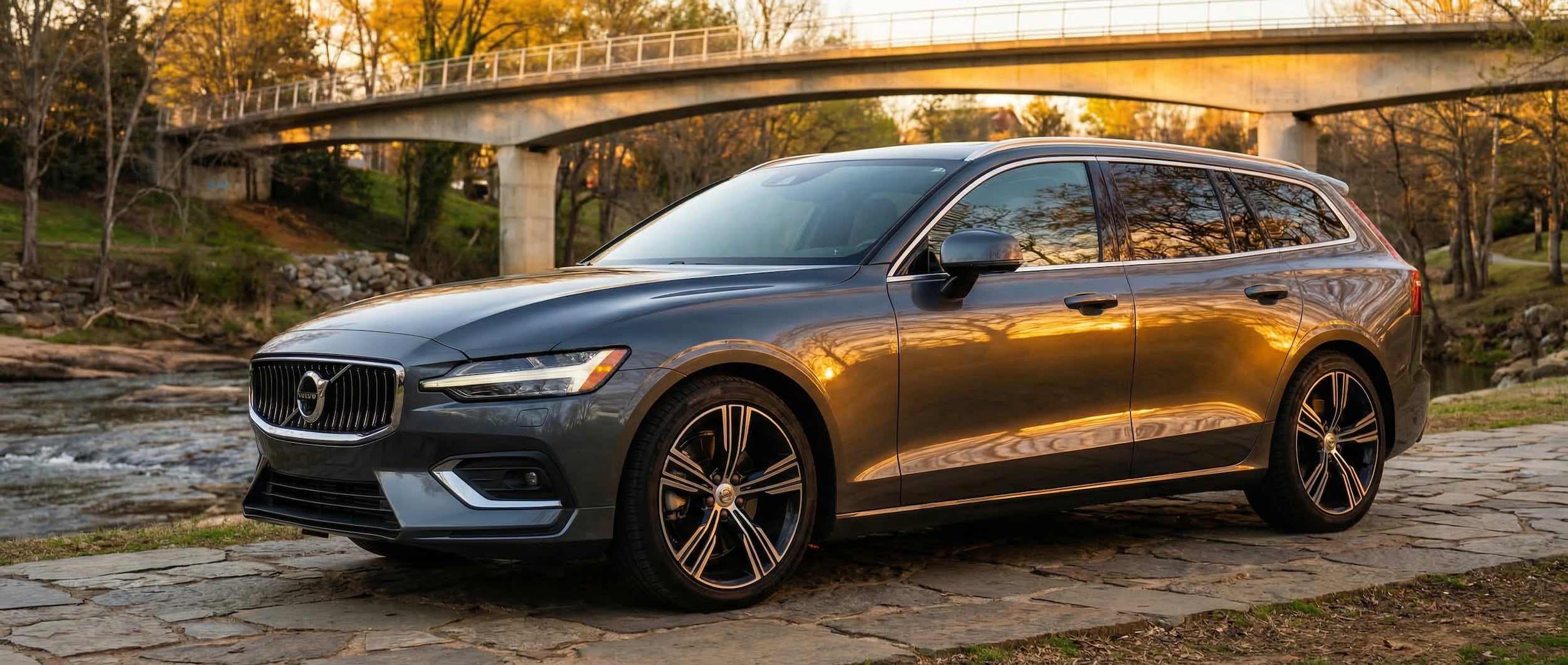Volvo V60 T8 plug-in hybrid wagon near Falls Park in Greenville, SC