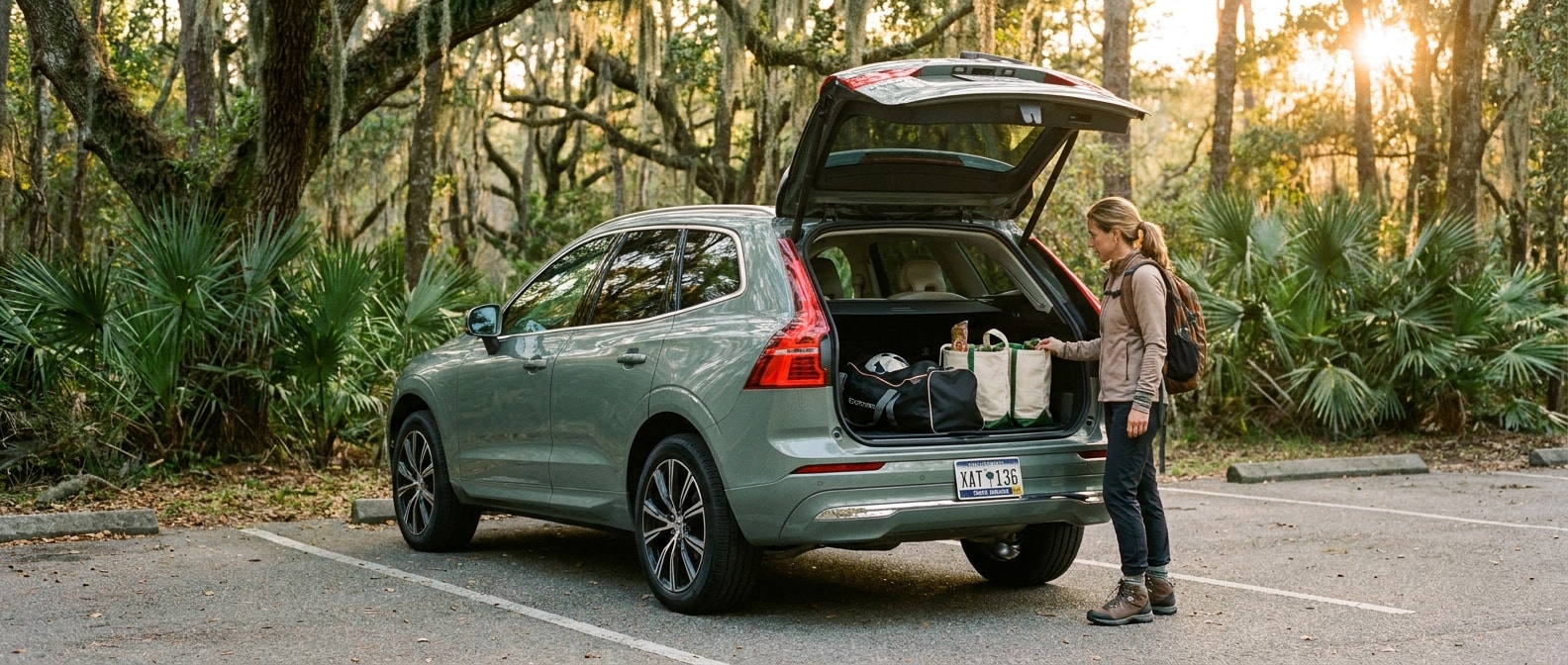 2026 Volvo XC60 with open liftgate loaded with family gear at an Upstate South Carolina trailhead in August
