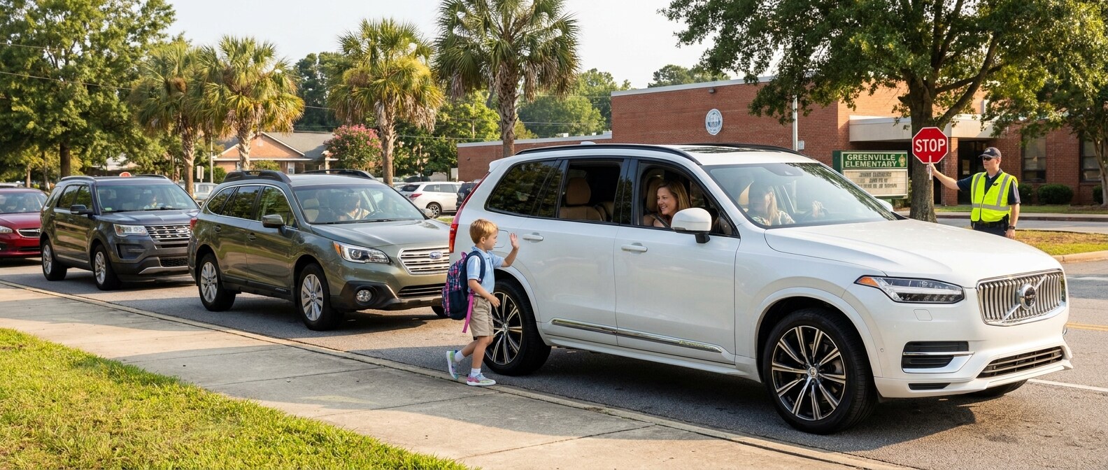 2026 Volvo XC90 in a Greenville school drop-off lane on the first week of the 2026 school year