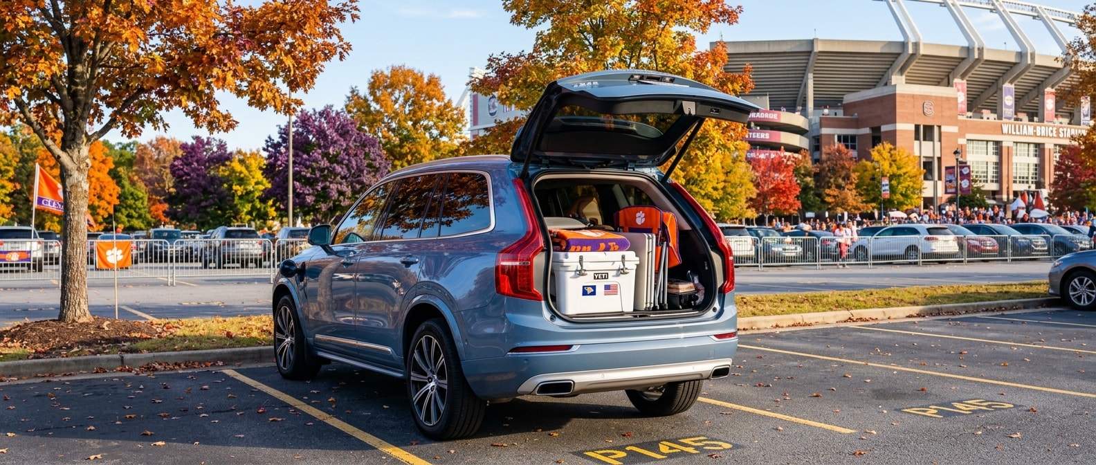 2026 Volvo XC90 plug-in hybrid with rear tailgate open for a fall tailgate setup in Upstate South Carolina