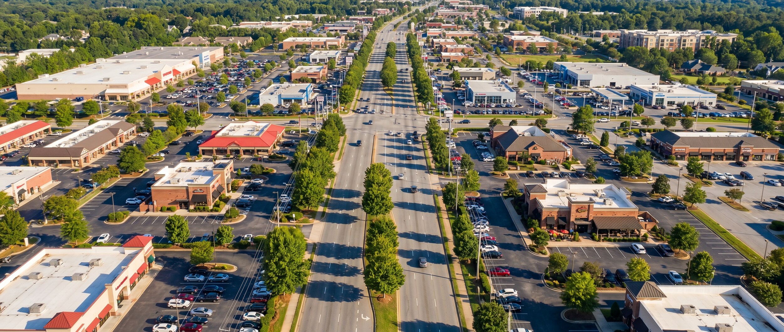 Wade Hampton Boulevard business corridor with shops and restaurants in Greenville, SC