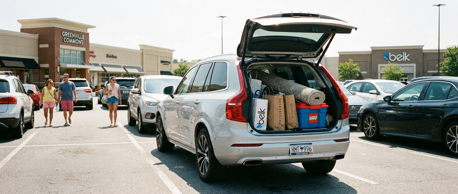 2026 Volvo XC90 rear hatch open with back-to-school shopping haul at Haywood Mall, Greenville SC
