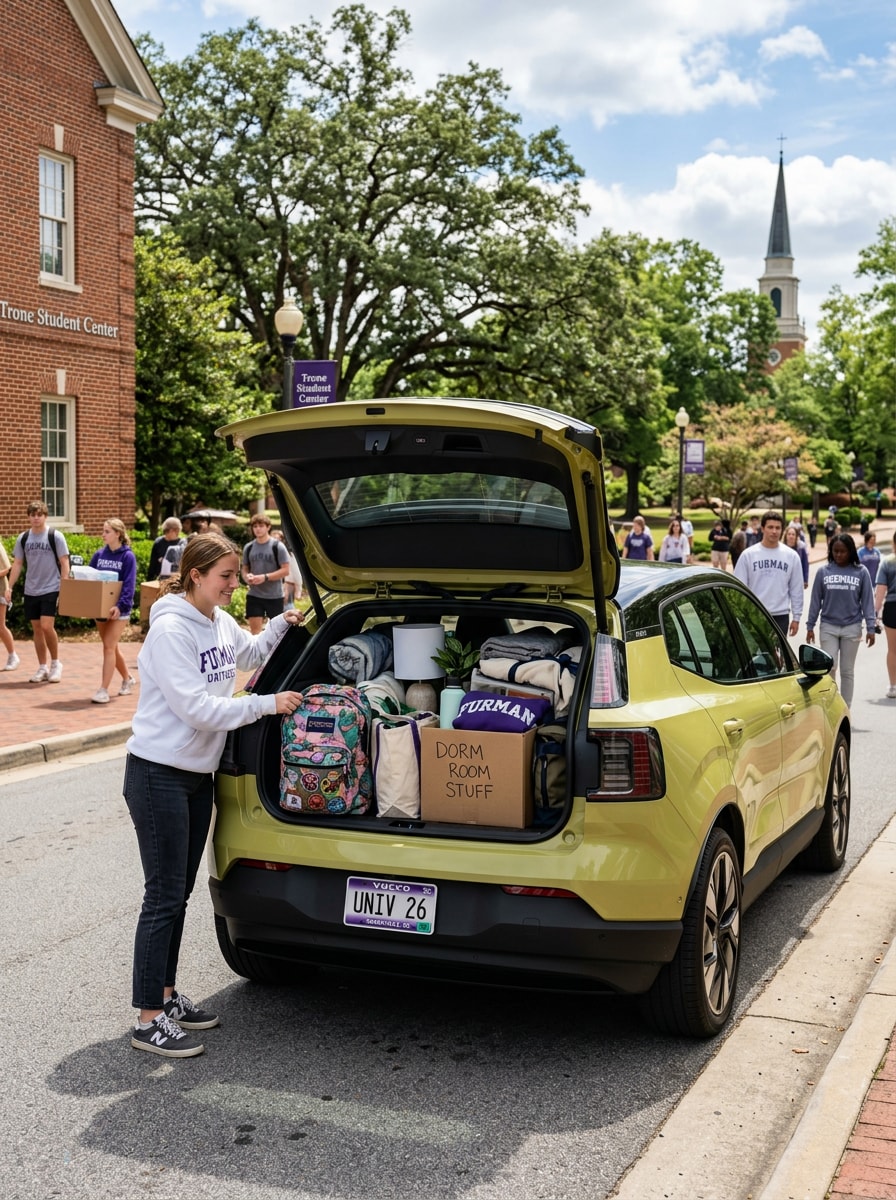2026 Volvo EX30 hatchback open at college campus in Greenville SC with student belongings packed inside
