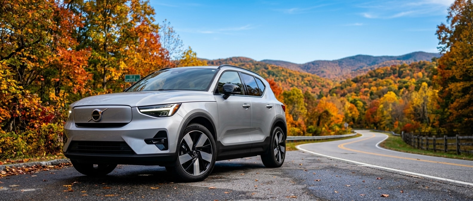 2026 Volvo EX40 on a scenic Upstate South Carolina road in autumn