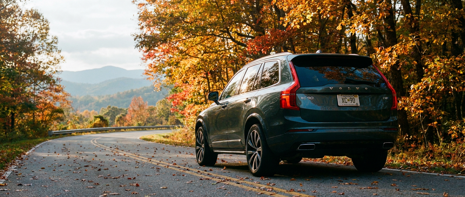 2026 Volvo XC90 on a fall foliage road trip through the South Carolina Blue Ridge foothills near Greenville