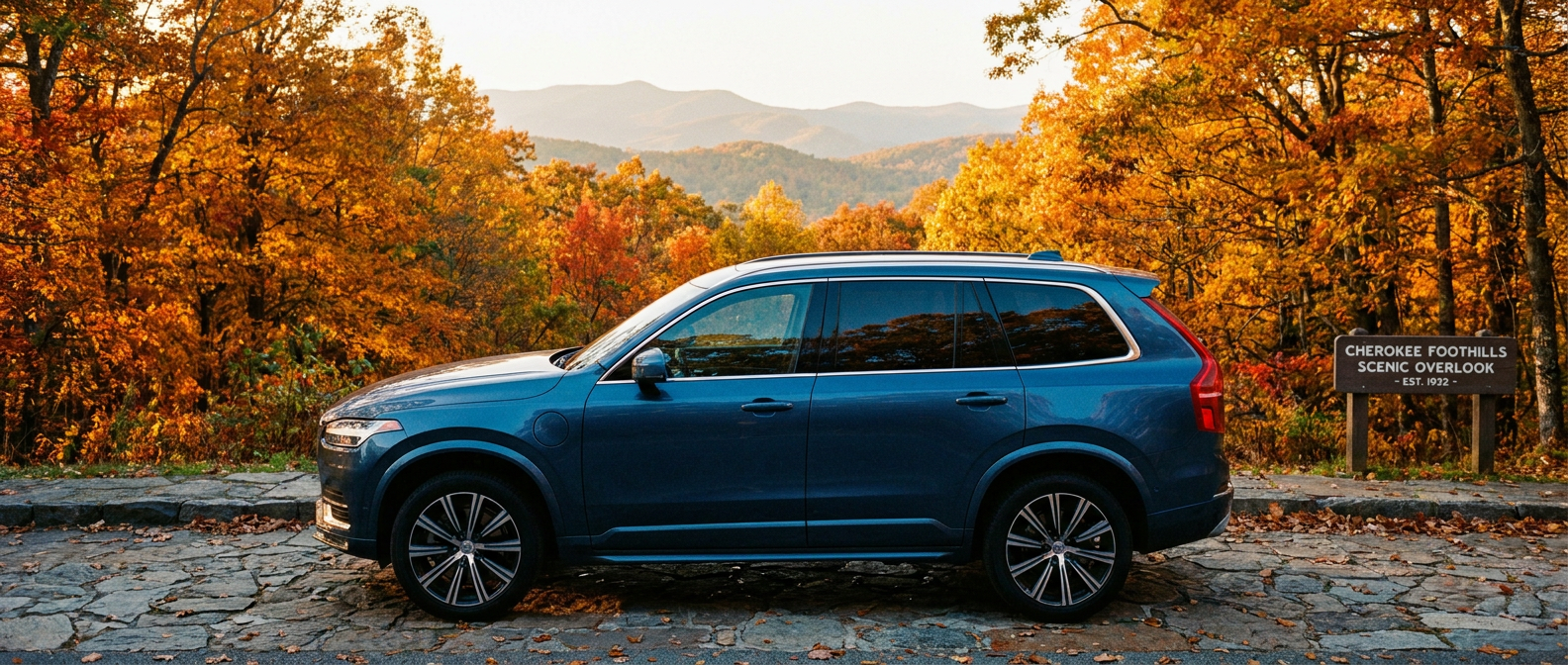 2027 Volvo XC90 plug-in hybrid at a fall scenic overlook along the Cherokee Foothills National Scenic Highway in Upstate South Carolina