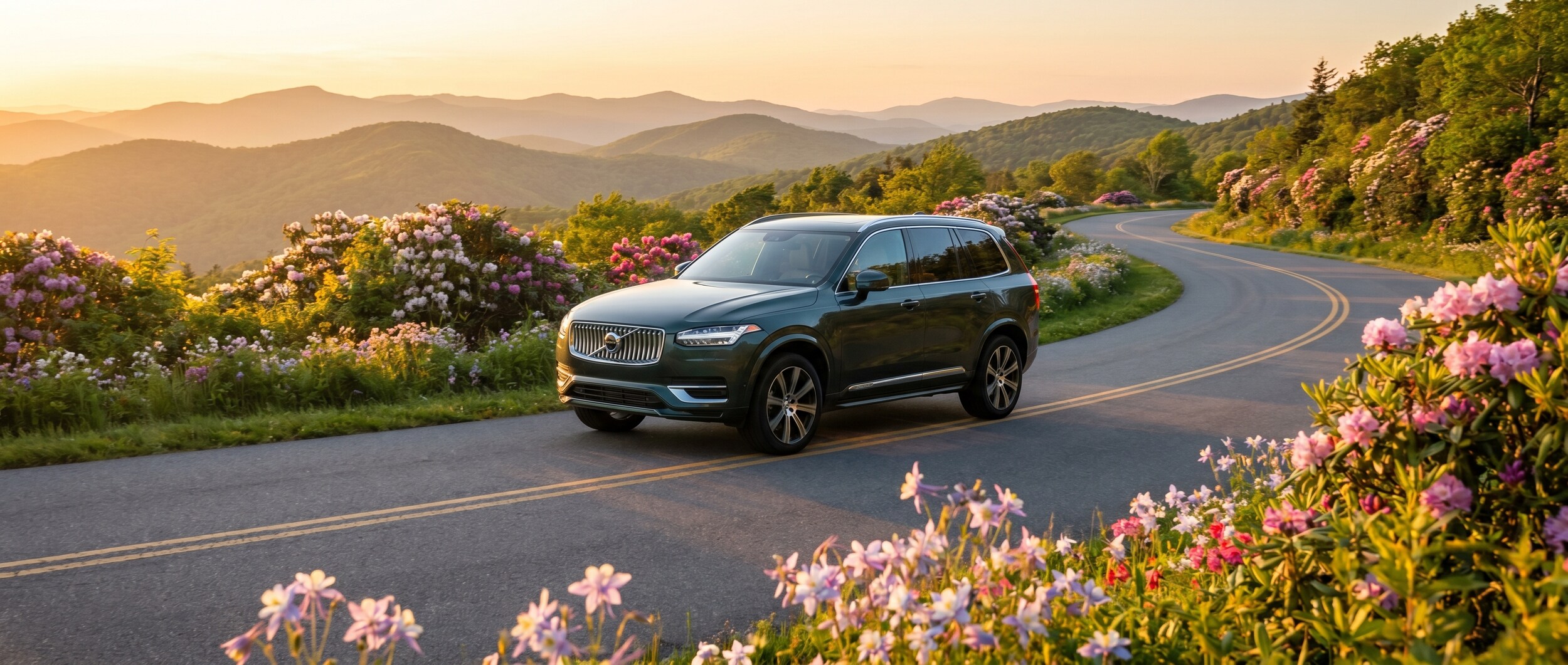 Volvo XC90 on scenic Blue Ridge Mountain road near Greenville, SC during spring
