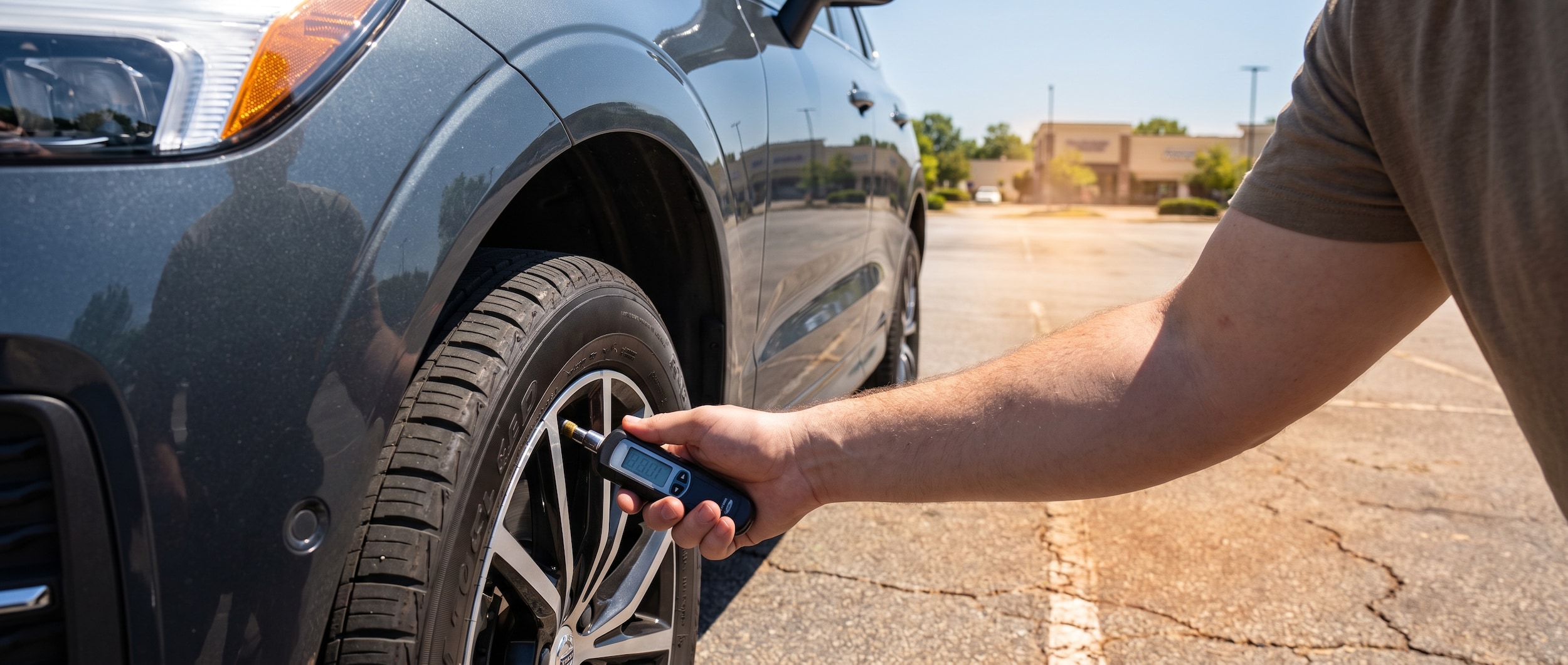 2026 Volvo XC60 on summer asphalt in Greenville SC with driver checking tire pressure using a digital gauge