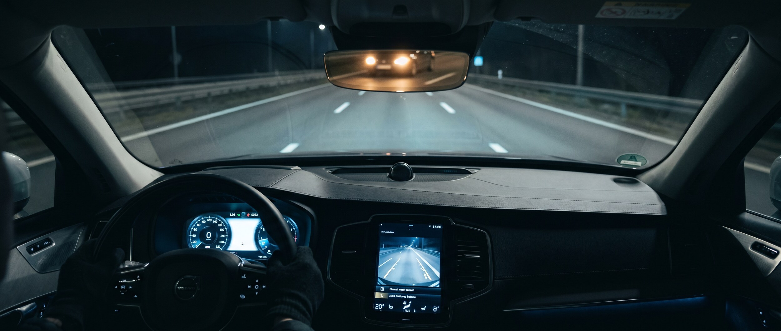 Volvo auto-dimming mirror reducing glare on nighttime roads in Greenville, SC