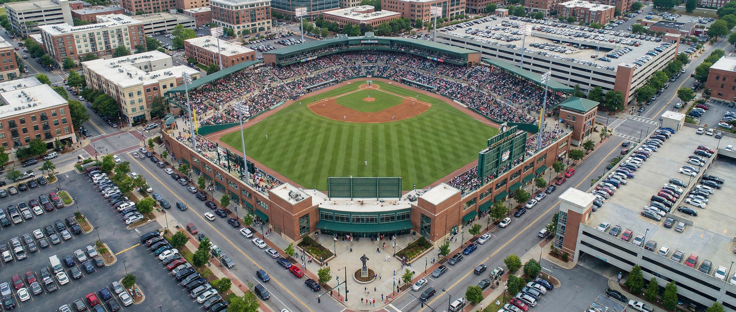 Fluor Field stadium parking and surrounding downtown streets in Greenville, SC