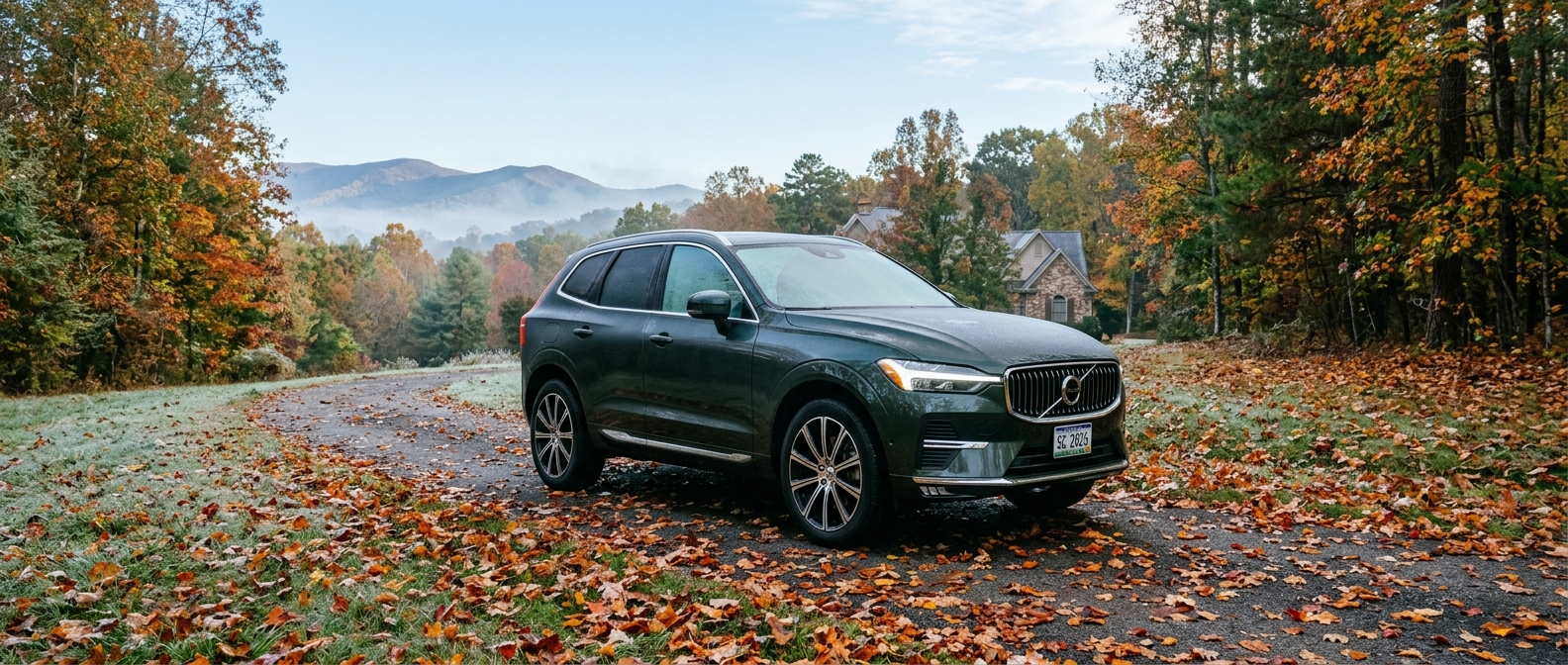 2026 Volvo XC60 on a frosty October morning in Greenville, SC with Blue Ridge foothills in the background