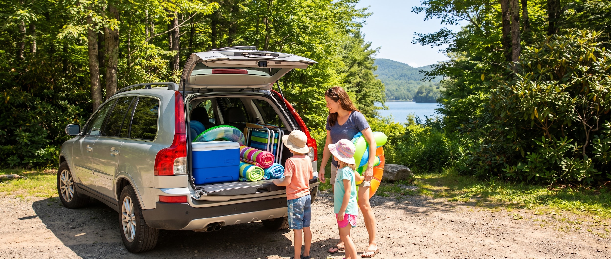 Family loading beach gear into a Volvo XC90 at a mountain lake parking area near Greenville, SC