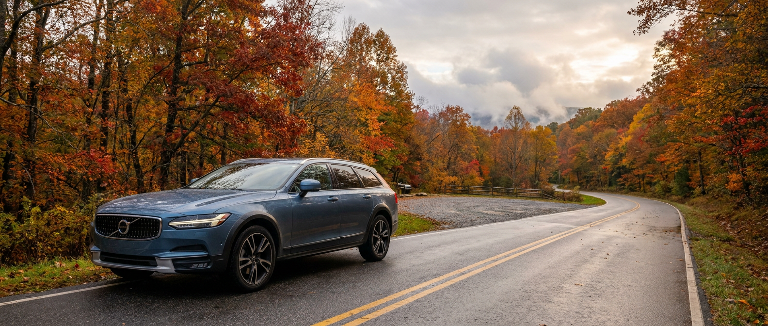 2026 Volvo V90 Cross Country on a wet fall road in the Upstate SC Blue Ridge foothills