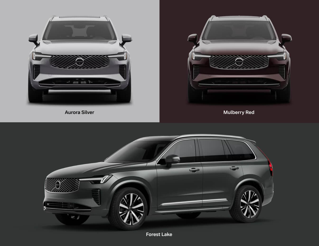 Collage of front and side view of Volvo XC90 SUVs in silver, dark red, and dark green on colored backgrounds.