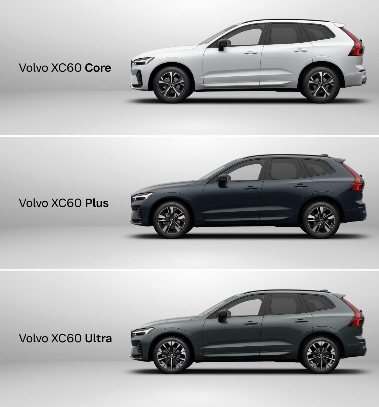 Three-panel side view of Volvo XC60 Core, Plus, and Ultra trims in white, dark blue, and dark green on a light background.
