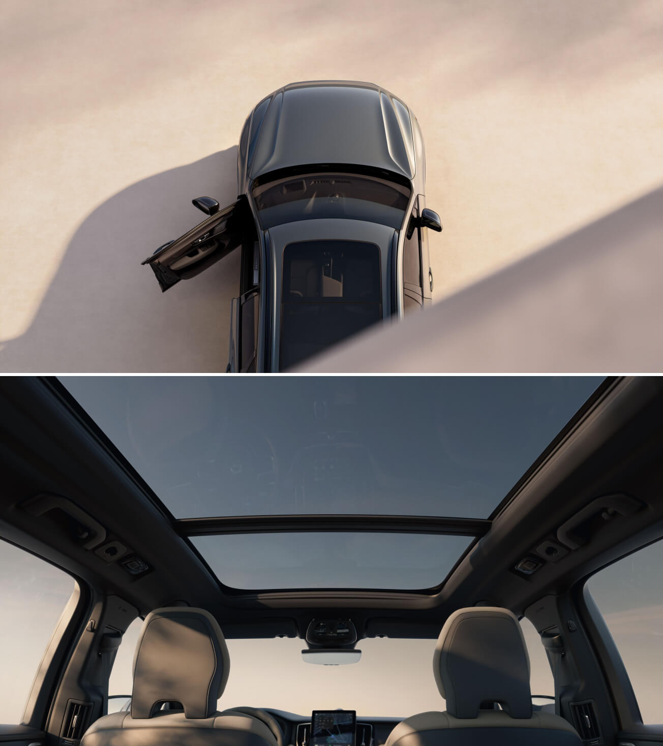 Split view of overhead exterior and interior sunroof view of a Volvo XC60 SUV.