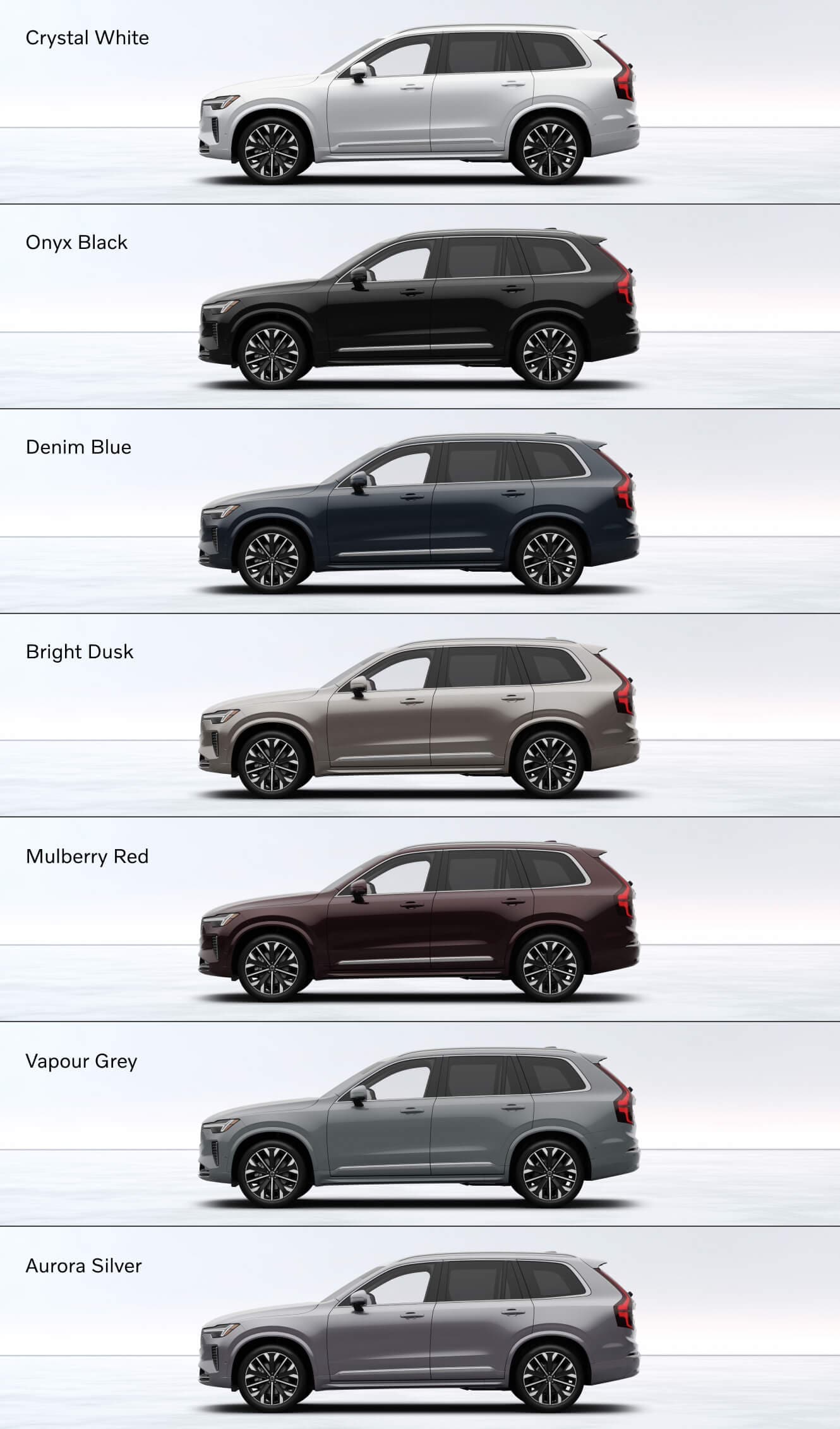 2026 Volvo XC90 Crystal White, Onyx Black, Denim Blue, Bright Dusk, Mulberry Red, Vapour Grey, Aurora Silver