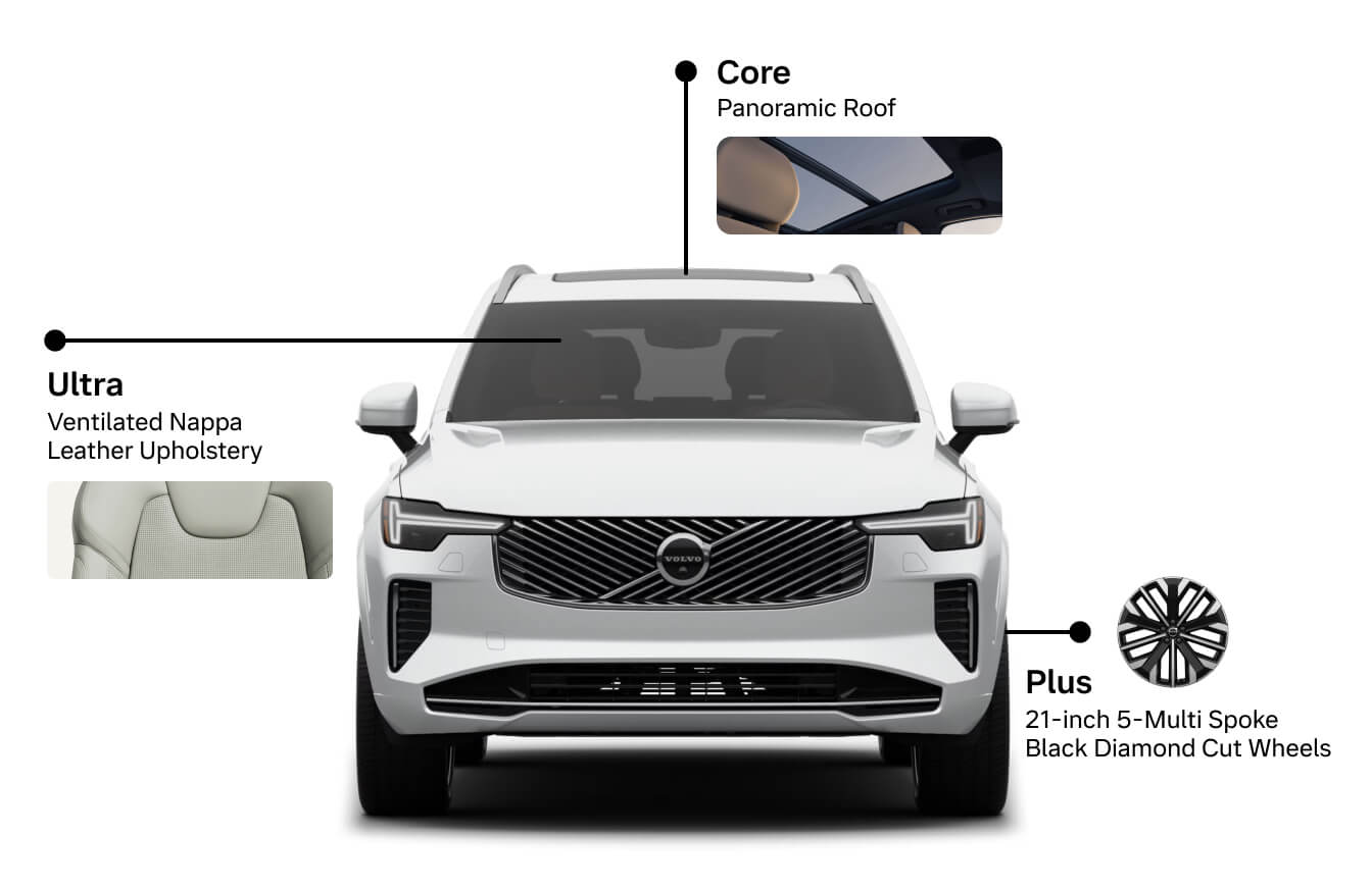 Front view of a white Volvo XC90 highlighting trim features against a white background.