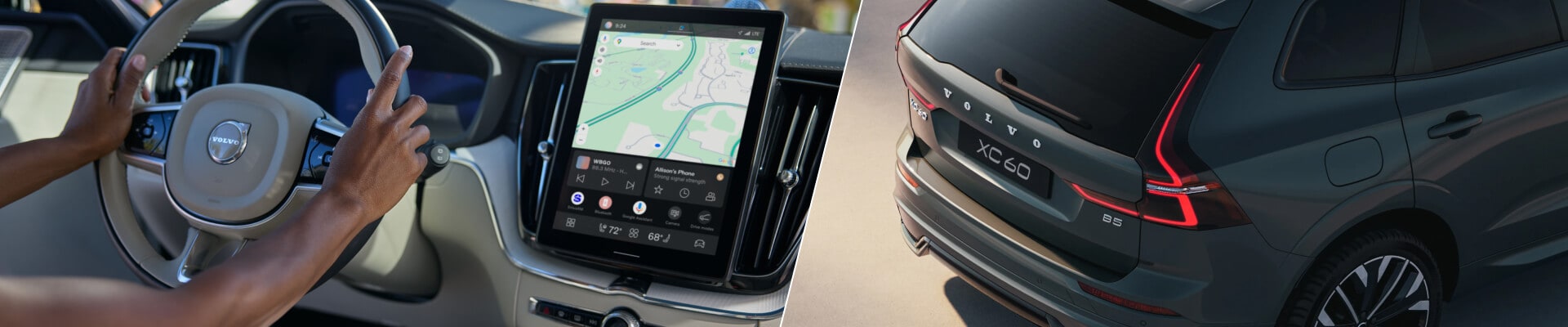 2026 Volvo XC60 Ultra with Blond interior and Forest Lake exterior, split view of cockpit navigation and rear styling.
