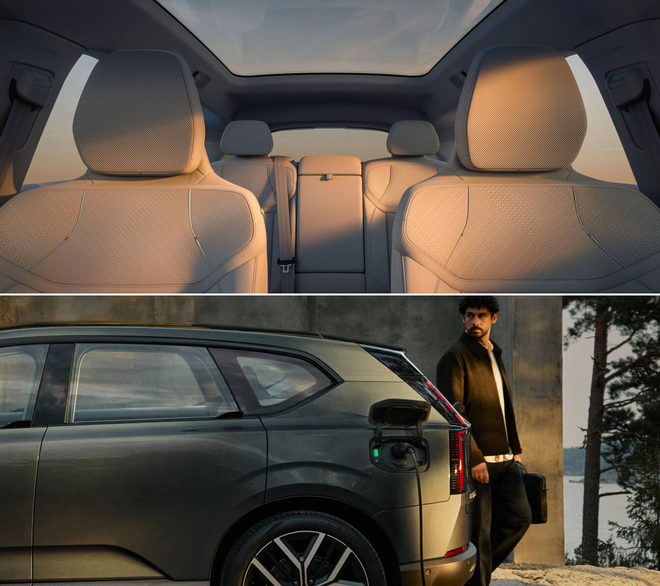 Volvo EX60 with light interior and panoramic roof, shown charging outdoors as a man walks beside it.