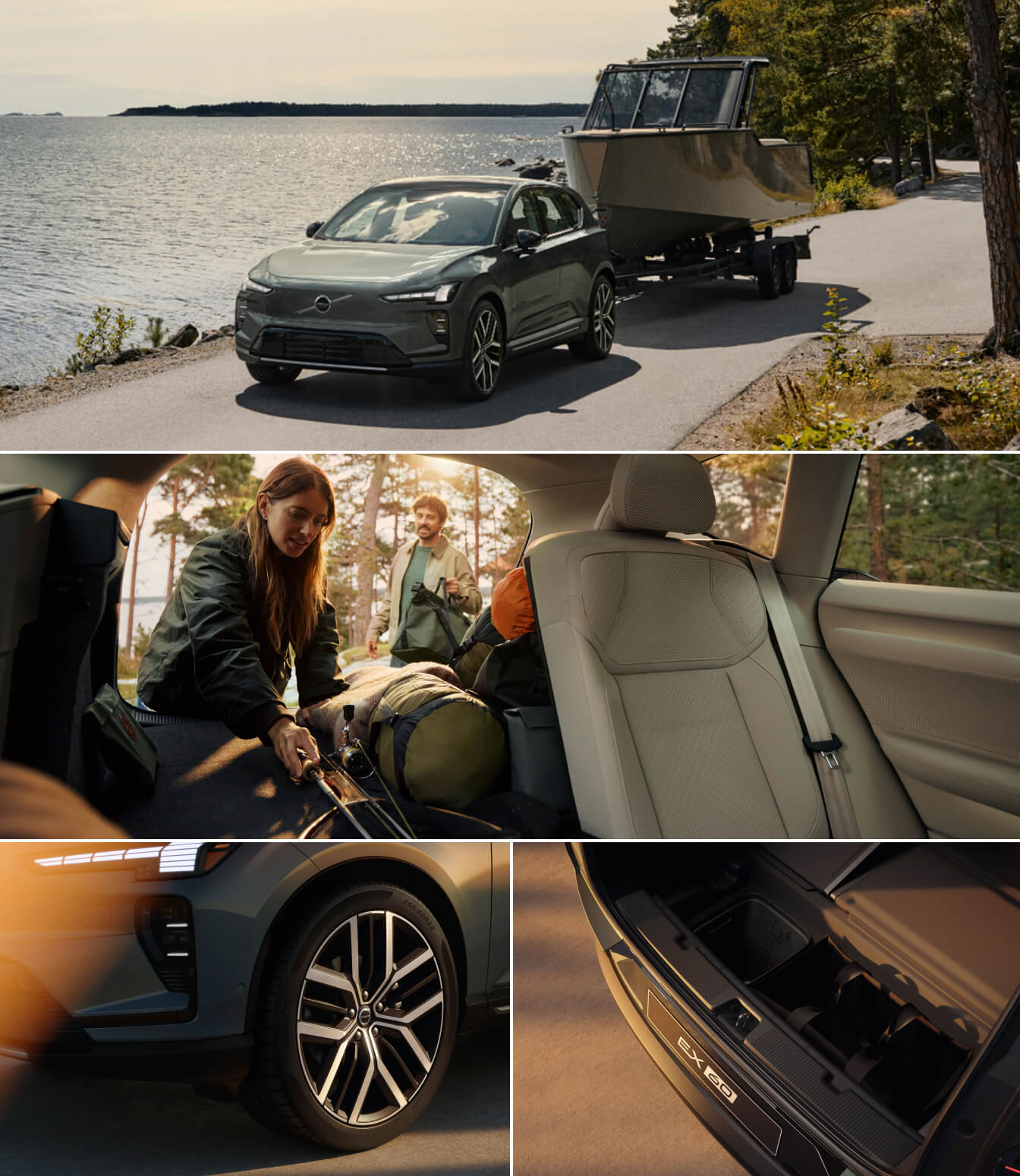 A Volvo EX60 tows a boat. Perspective shot of couple loading luggage through open tailgate. Close-up of wheel and underhood storage space.