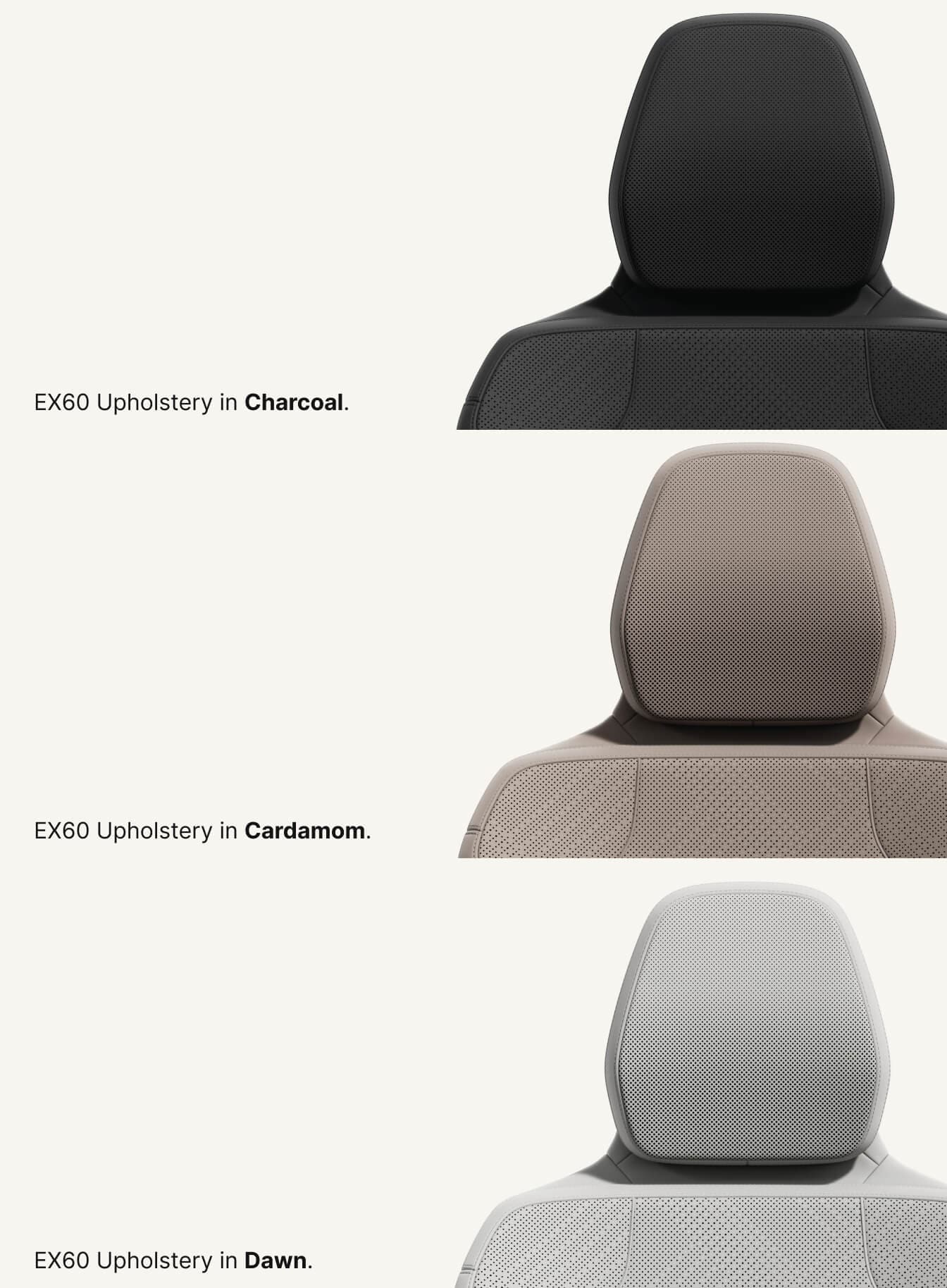 Headrest comparison of Volvo EX60 upholstery in Charcoal, Cardamom, and Dawn on a beige background.