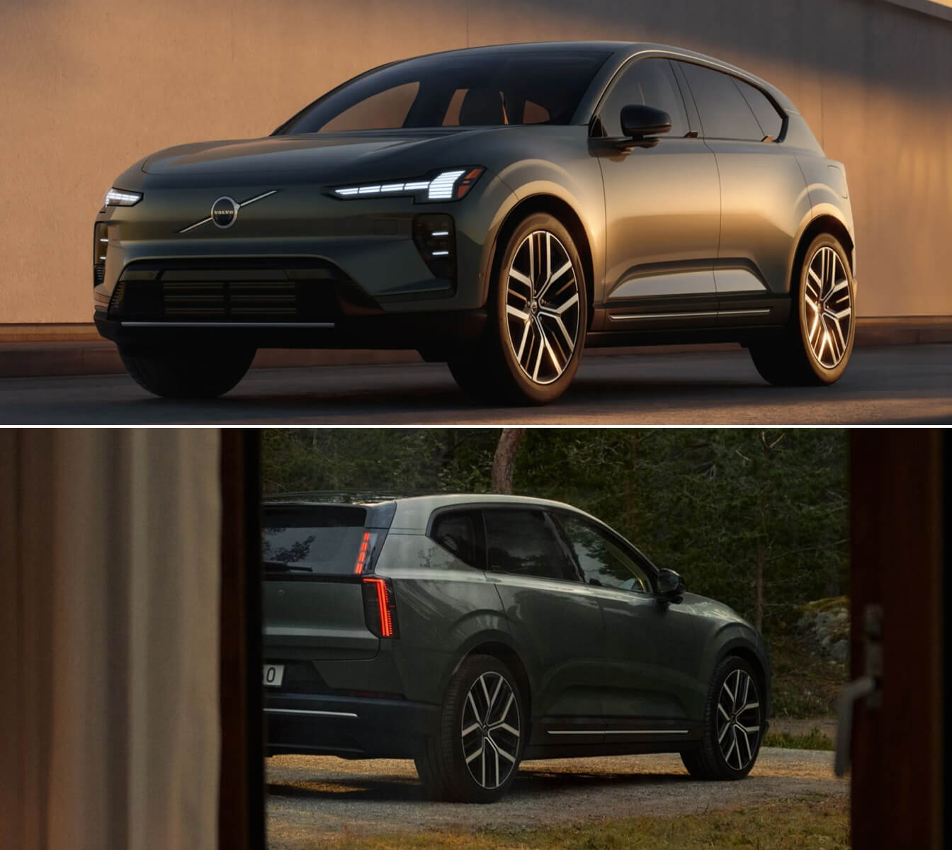 Volvo EX60 in dark green, shown from front and rear three-quarter views in warm outdoor settings.