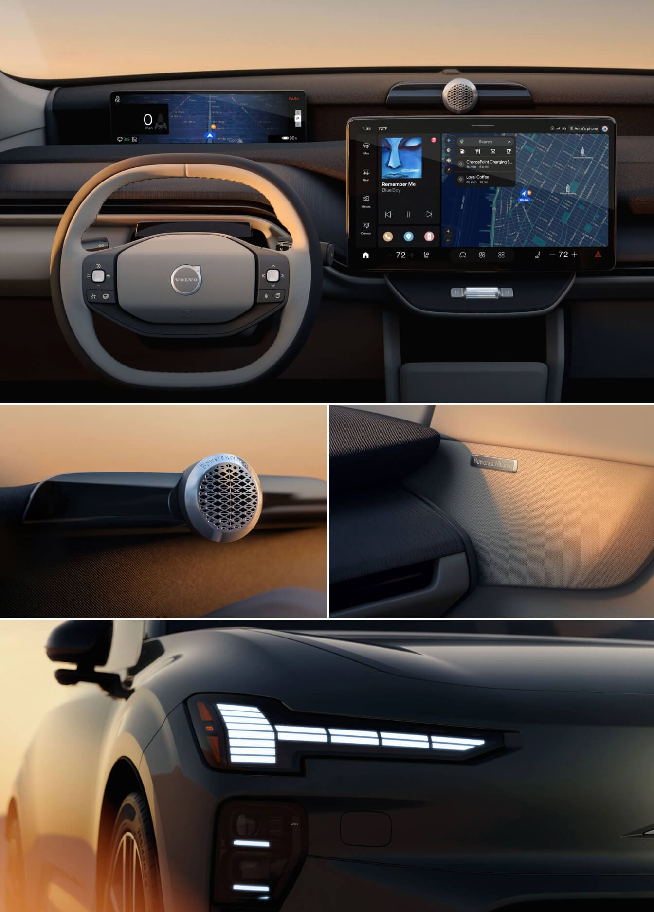 Close-up of Volvo EX60 interior technology including touchscreen navigation system and digital cockpit and front LED lighting.
