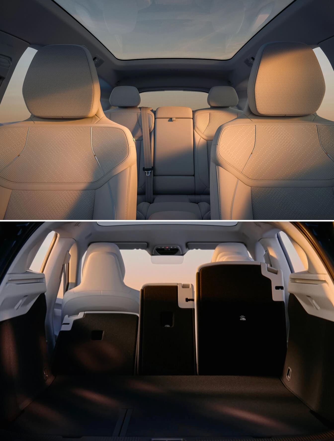 Split interior view of a beige Volvo EX60 showing rear seating and cargo space.