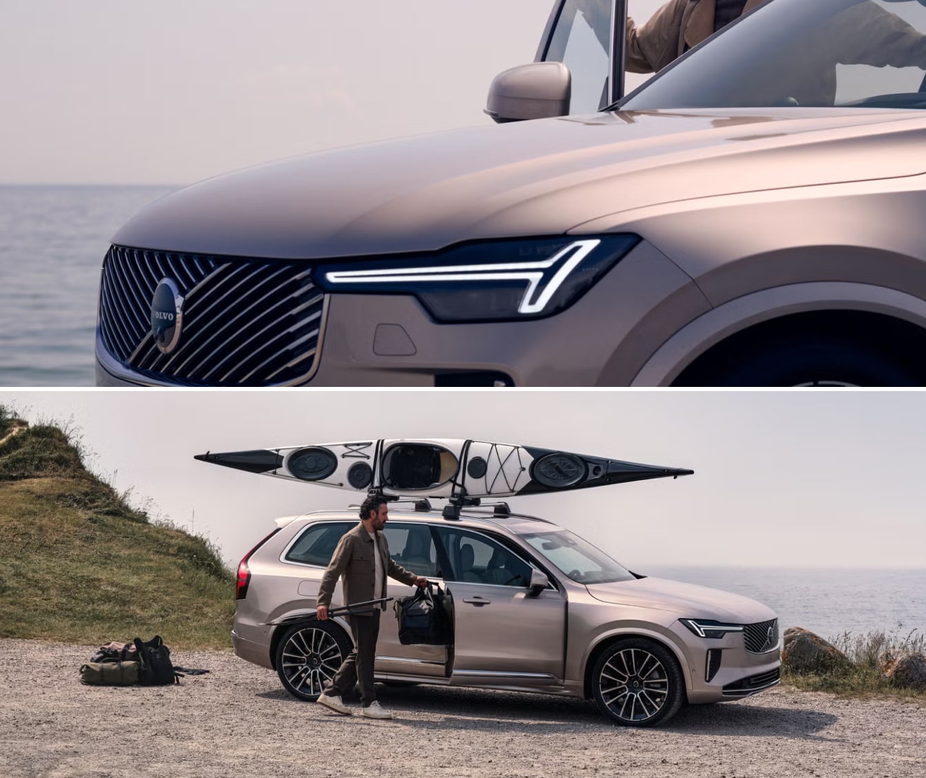 Volvo SUV by the coast with a kayak mounted on the roof