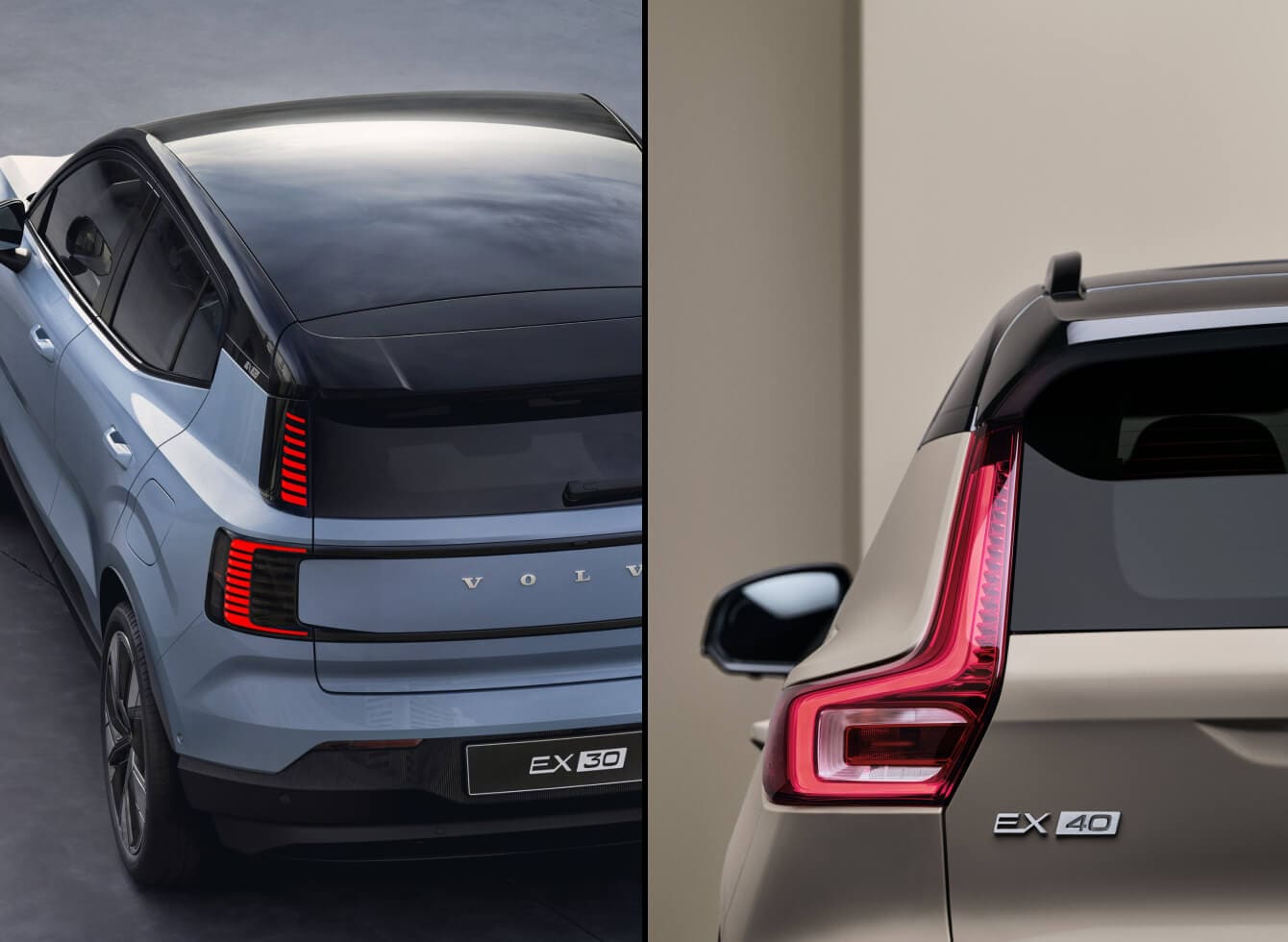 Volvo EX30 and Volvo EX40 backsides to accent the vehicle badges.