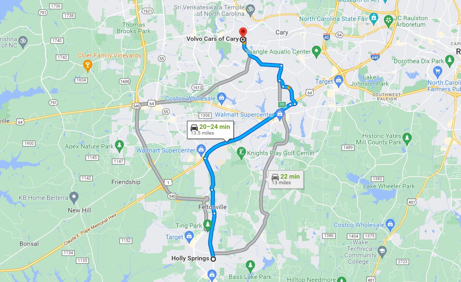 Holly Springs to Volvo Cars of Cary