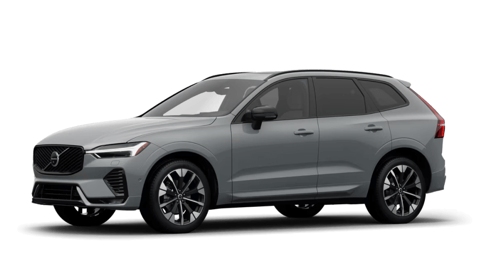 Front three-quarter view of a Volvo XC60 in Vapour Grey on a white background.