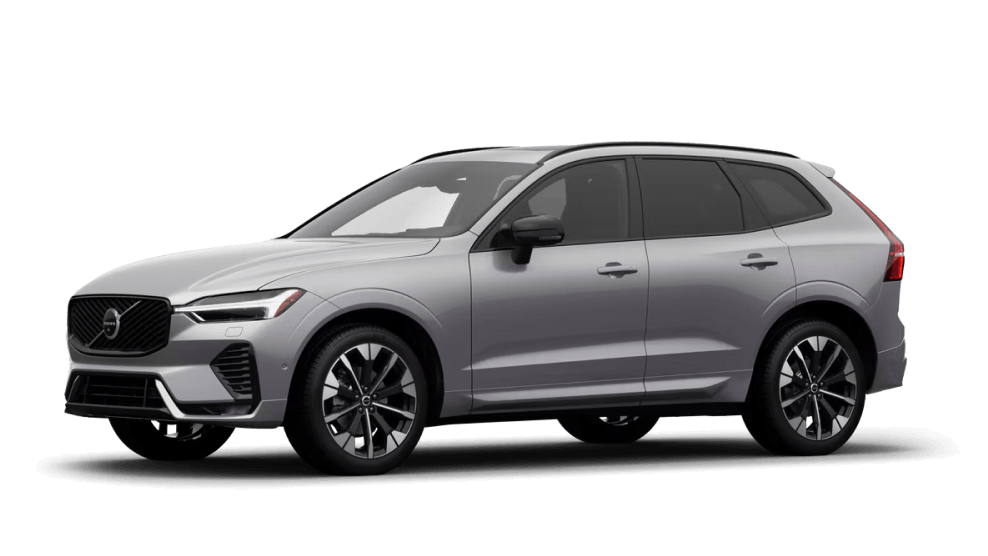 Front three-quarter view of a Volvo XC60 in Aurora Silver on a white background.