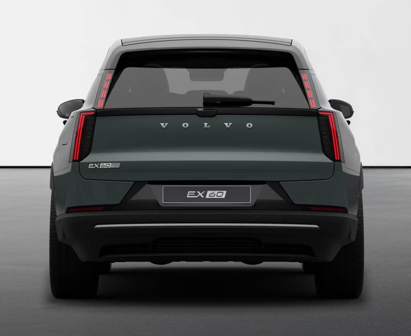 Rear view of a 2026 Volvo EX60 in Forest Lake against a white background.