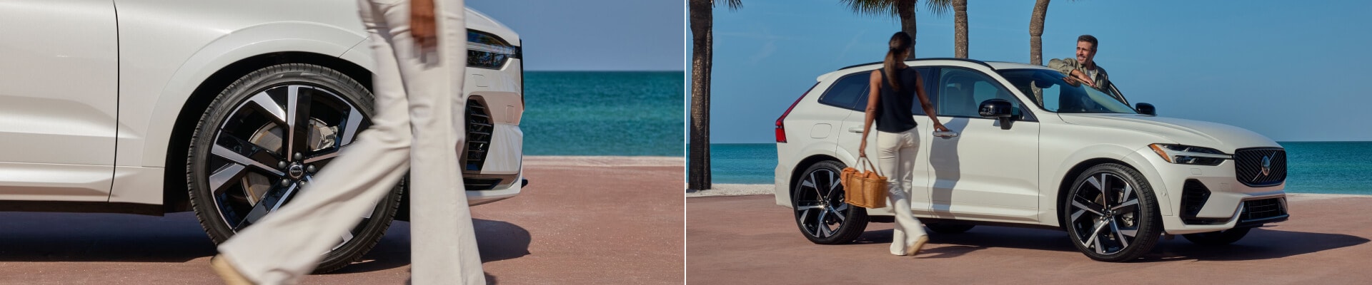 2026 Volvo XC60 Ultra in Crystal White, parked by a beach as a couple approaches and a wheel close-up.