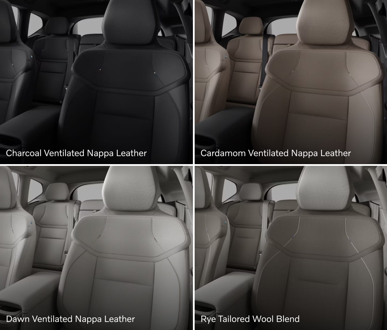 Four images show 2026 EX60 interior options with different seat materials. Top left: Charcoal Ventilated Nappa Leather, top right: Cardamom Ventilated Nappa Leather, bottom left: Dawn Ventilated Nappa Leather, bottom right: Rye Tailored Wool Blend.